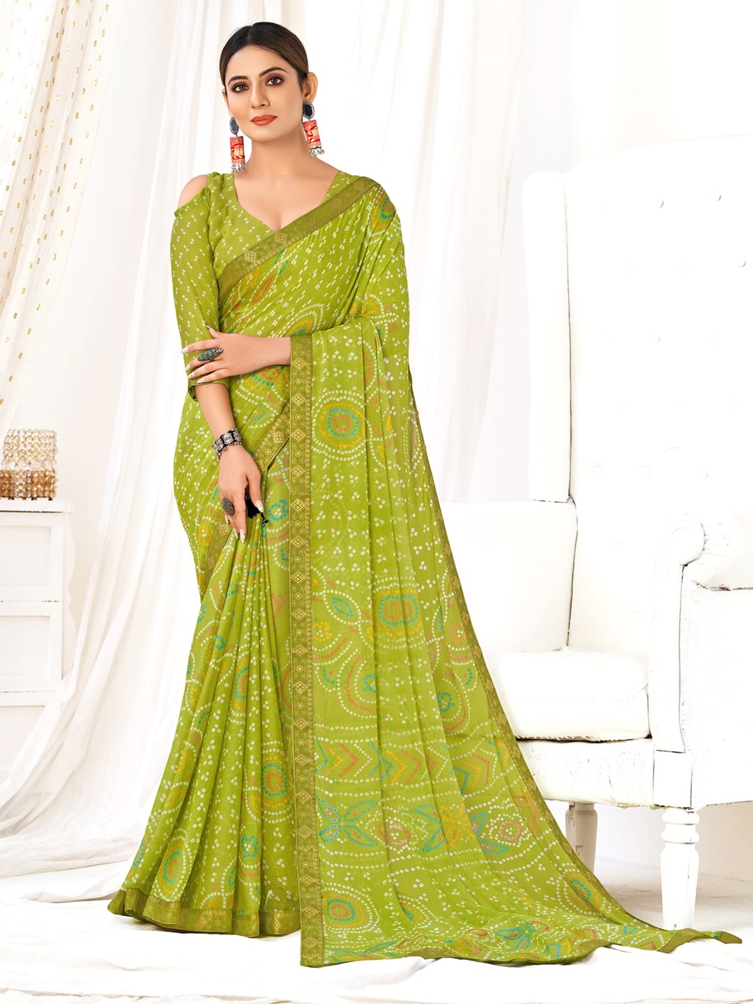 

Anouk Bandhani Printed Pure Chiffon Saree, Olive