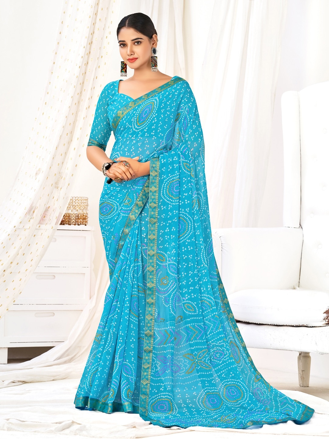 

Anouk Blue & White Printed Zari Pure Chiffon Bandhani Saree