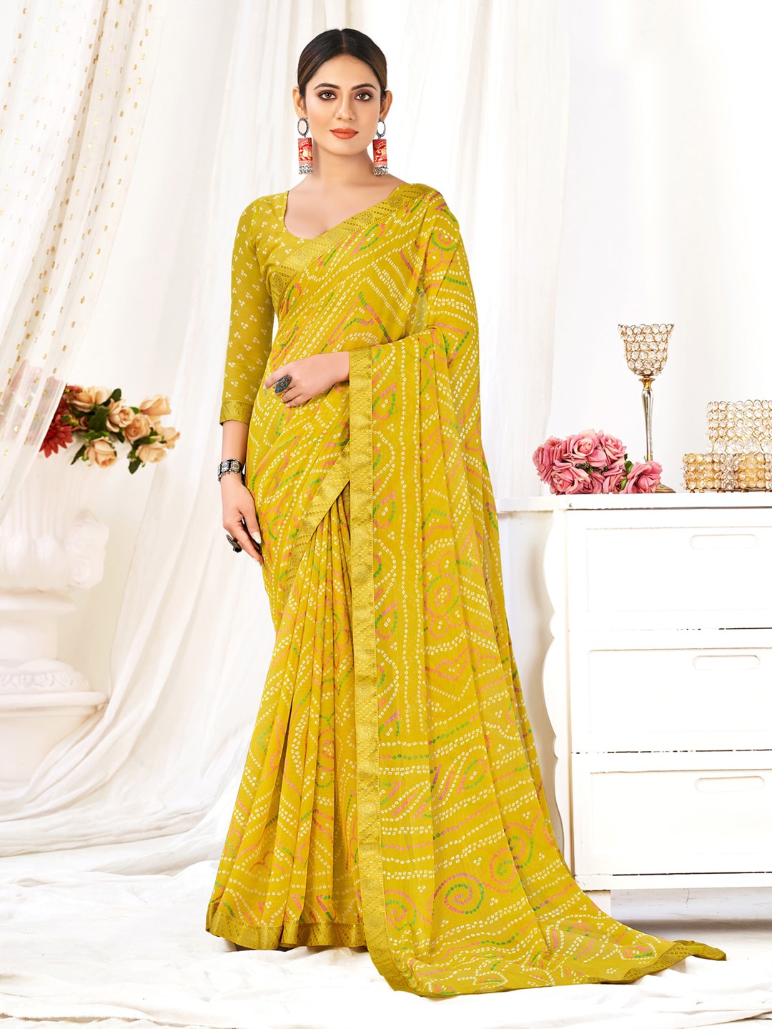 

Anouk Bandhani Printed Zari Pure Chiffon Saree, Mustard