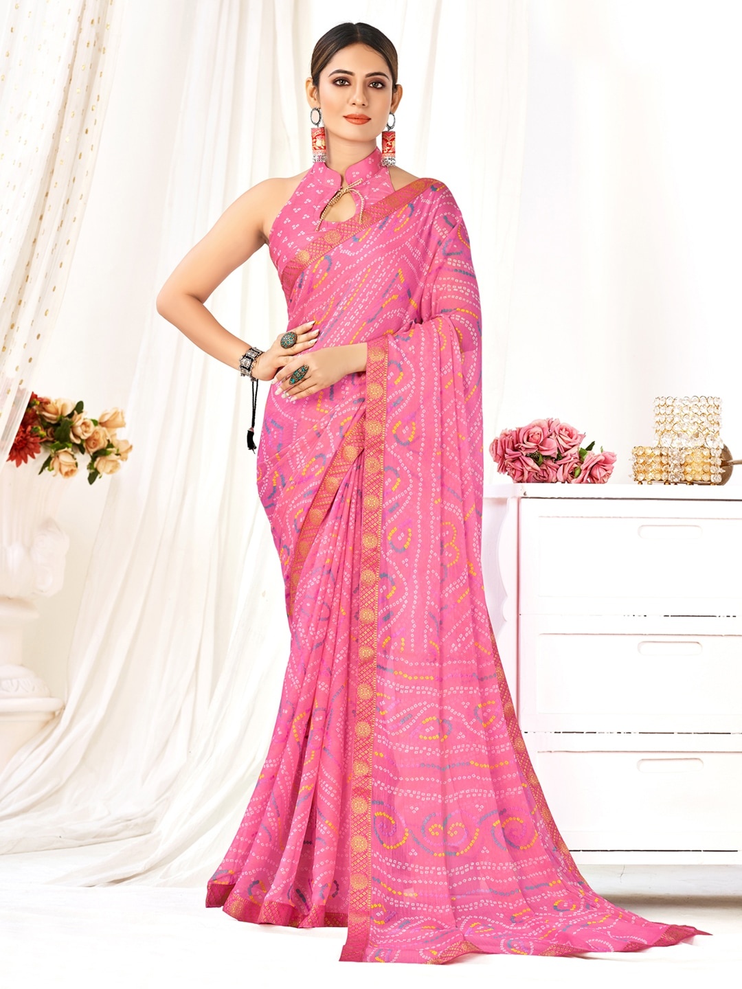 

Anouk Printed Zari Pure Chiffon Bandhani Saree, Pink