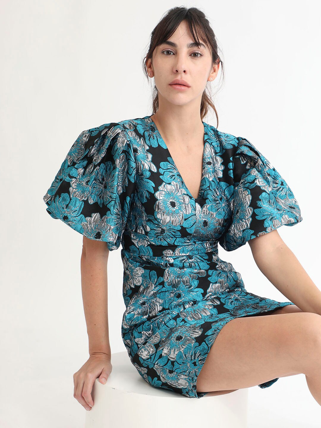 

RAREISM Floral Print Puff Sleeved Sheath Mini Dress, Blue