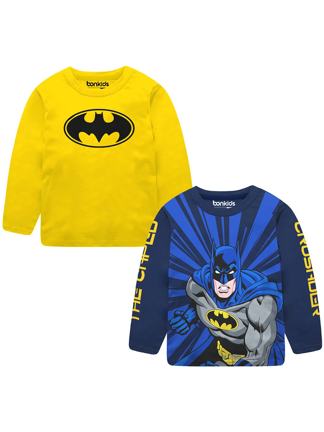 

BONKIDS Boys Pack Of 2 Batman Printed Cotton T-shirt, Yellow