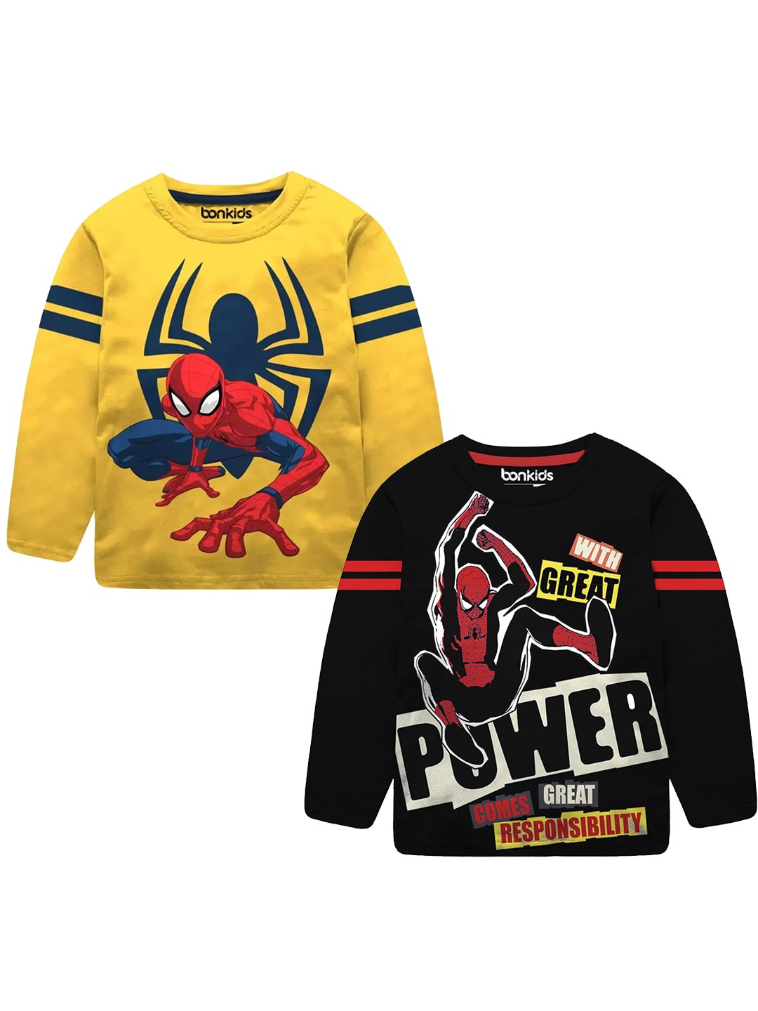 

BONKIDS Boys Pack Of 2 Spider-Man Printed Cotton T-shirt, Yellow