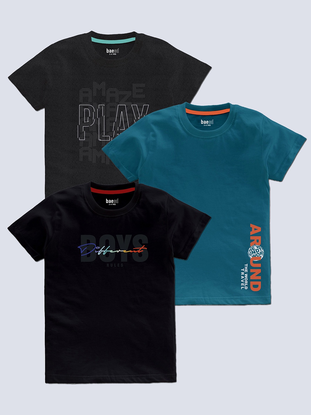 

BAESD Boys Pack Of 3 Typography Printed Round Neck T-shirt, Grey