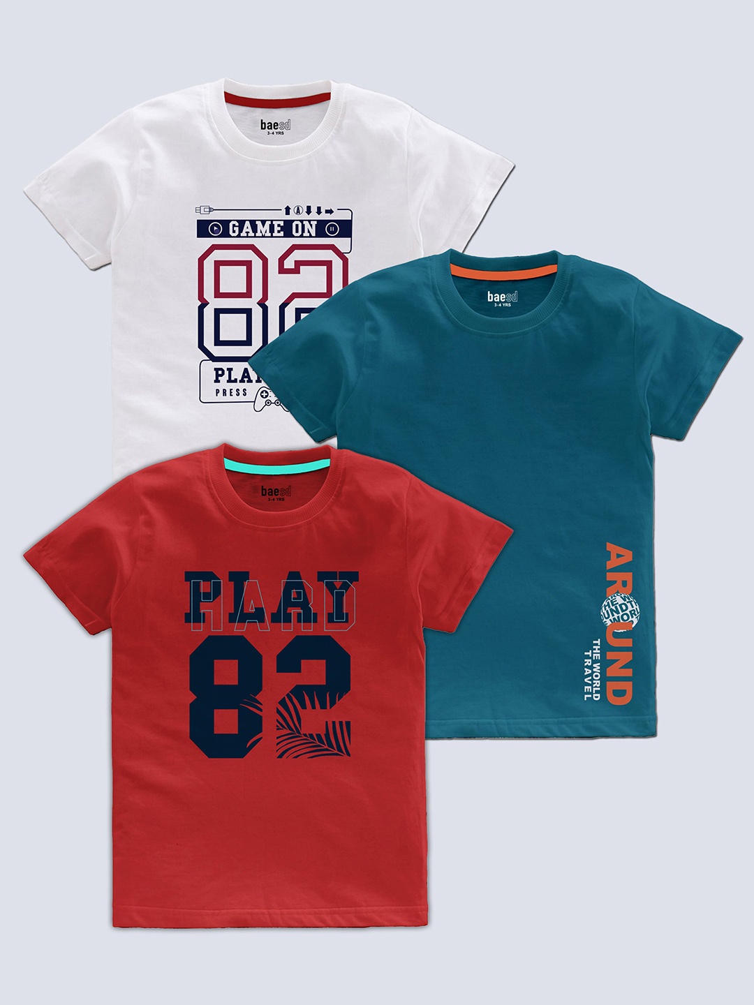 

BAESD Boys Pack Of 3 Typography Printed Round Neck T-shirt, White
