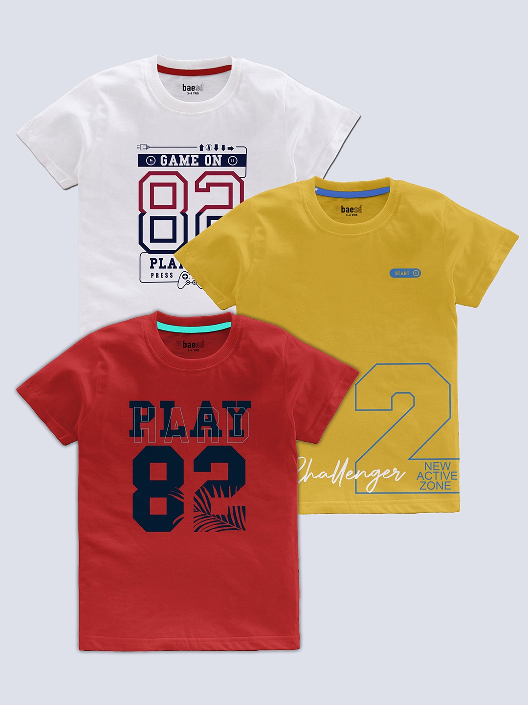 

BAESD Boys Pack Of 3 Typography Printed Round Neck T-shirt, White