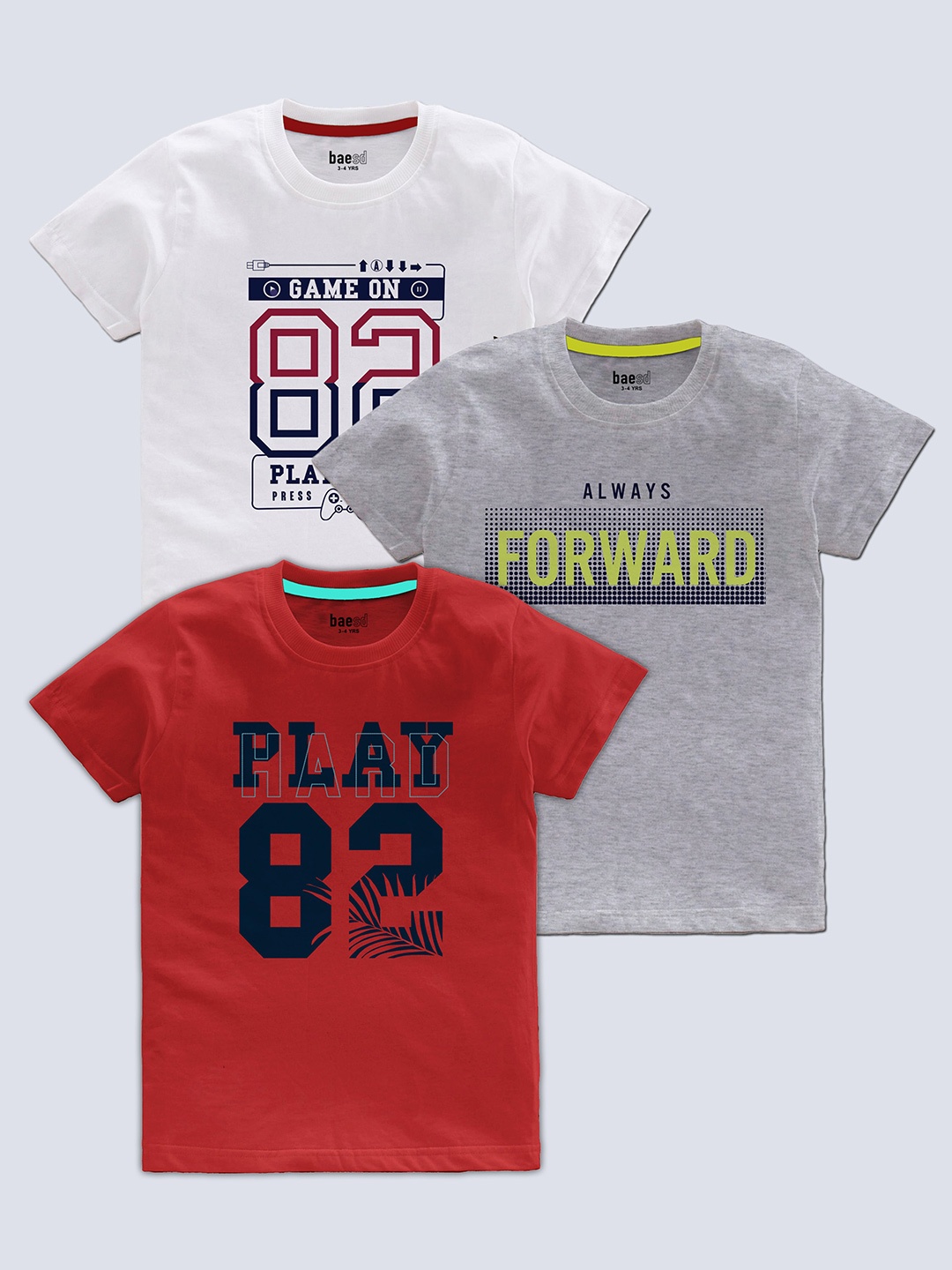 

BAESD Boys Pack Of 3 Typography Printed Round Neck T-shirt, White