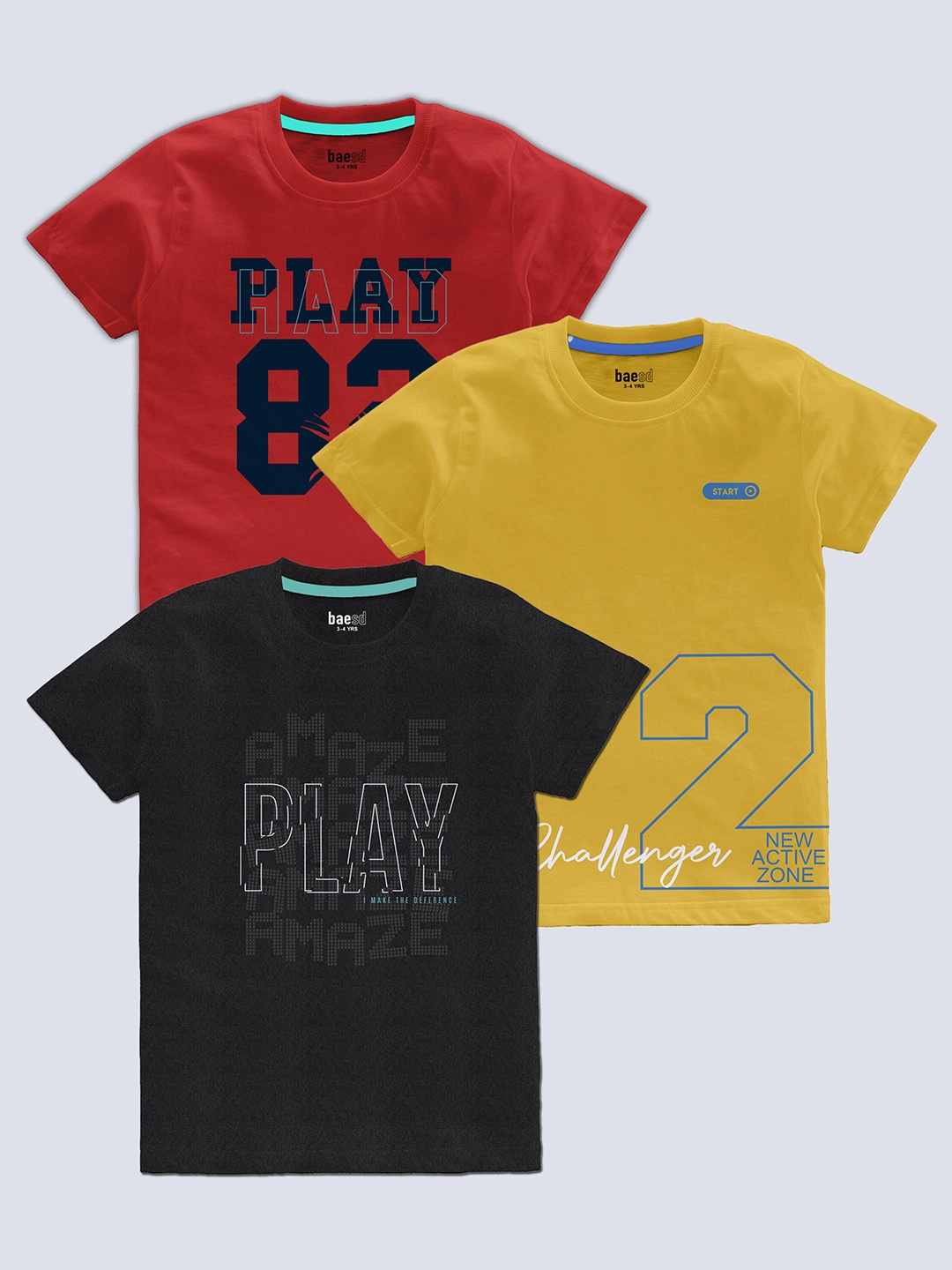 

BAESD Boys Pack Of 3 Typography Printed Round Neck T-shirt, Red