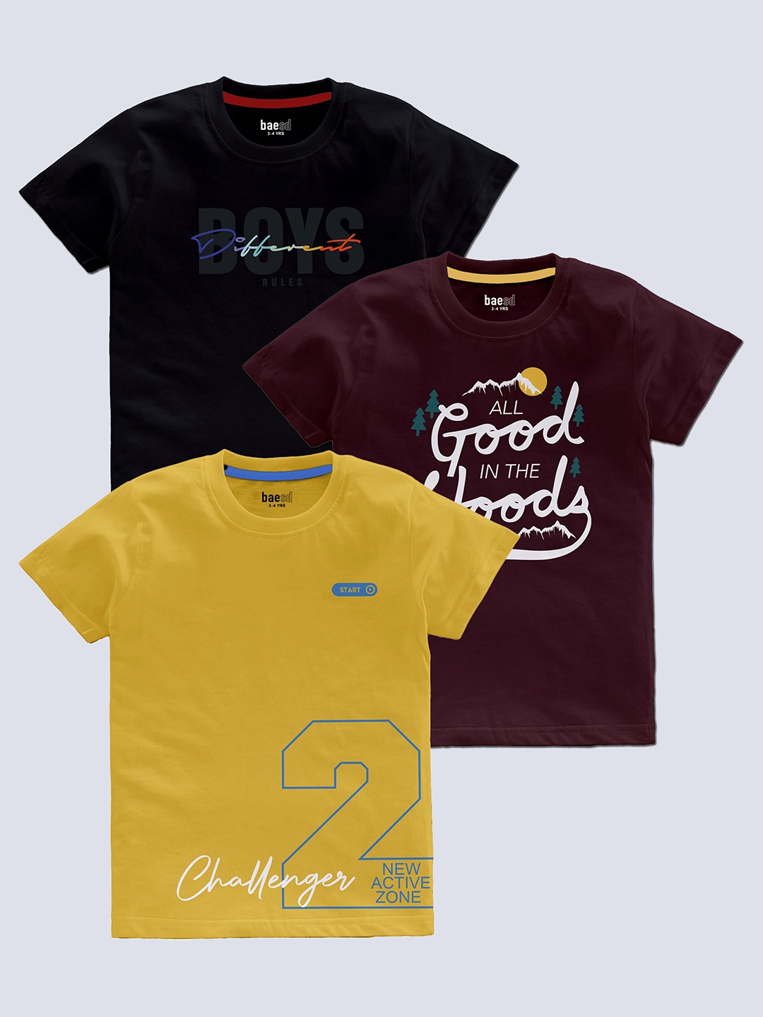 BAESD Boys Pack Of 3 Typography Printed Round Neck T-shirt, Black