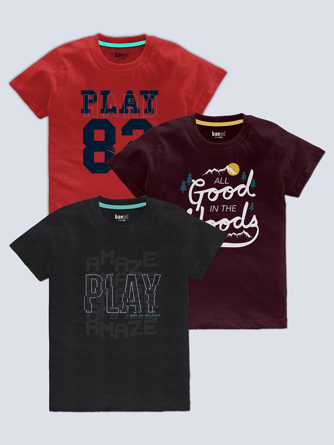 

BAESD Boys Pack Of 3 Typography Printed Round Neck T-shirt, Red