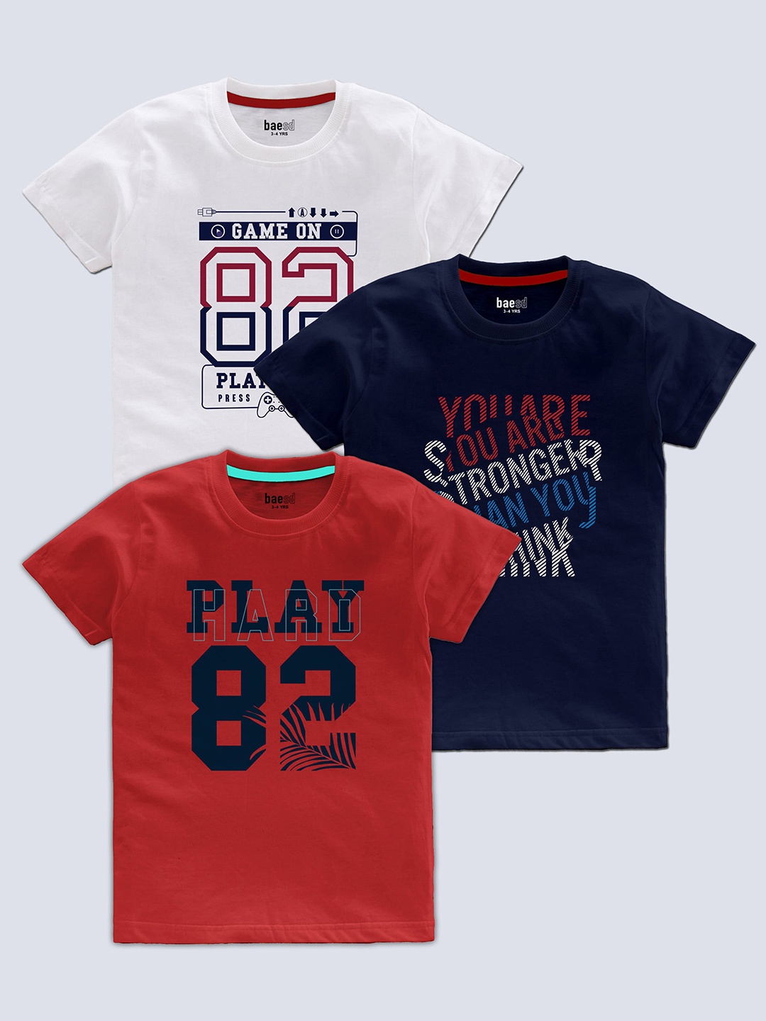 

BAESD Boys Pack Of 3 Typography Printed Round Neck T-shirt, White
