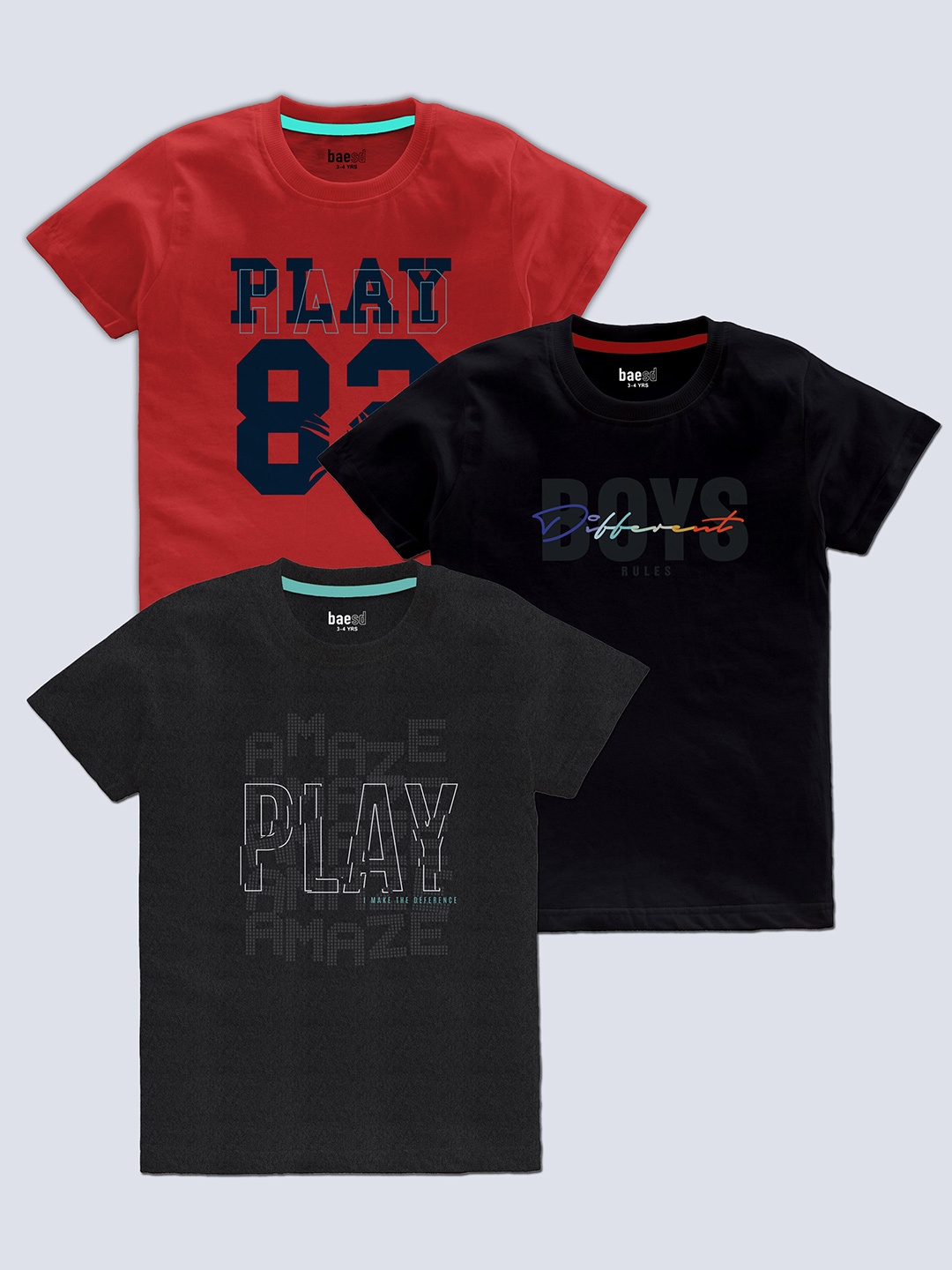 BAESD Boys Pack Of 3 Typography Printed Round Neck T-shirt, Red