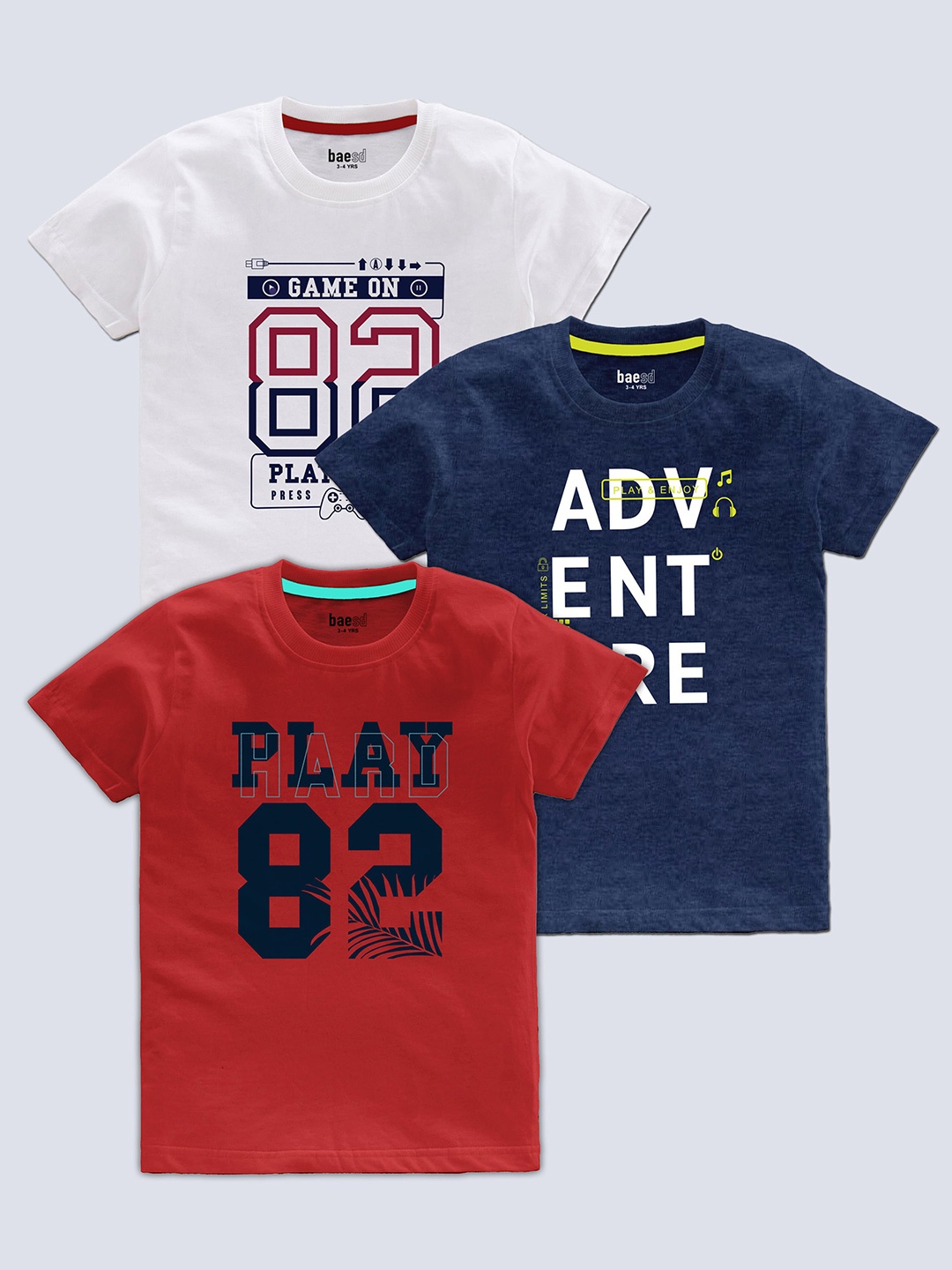

BAESD Boys Pack Of 3 Typography Printed Round Neck T-shirt, White
