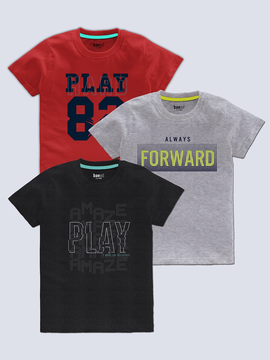 BAESD Boys Pack Of 3 Typography Printed Round Neck T-shirt, Red