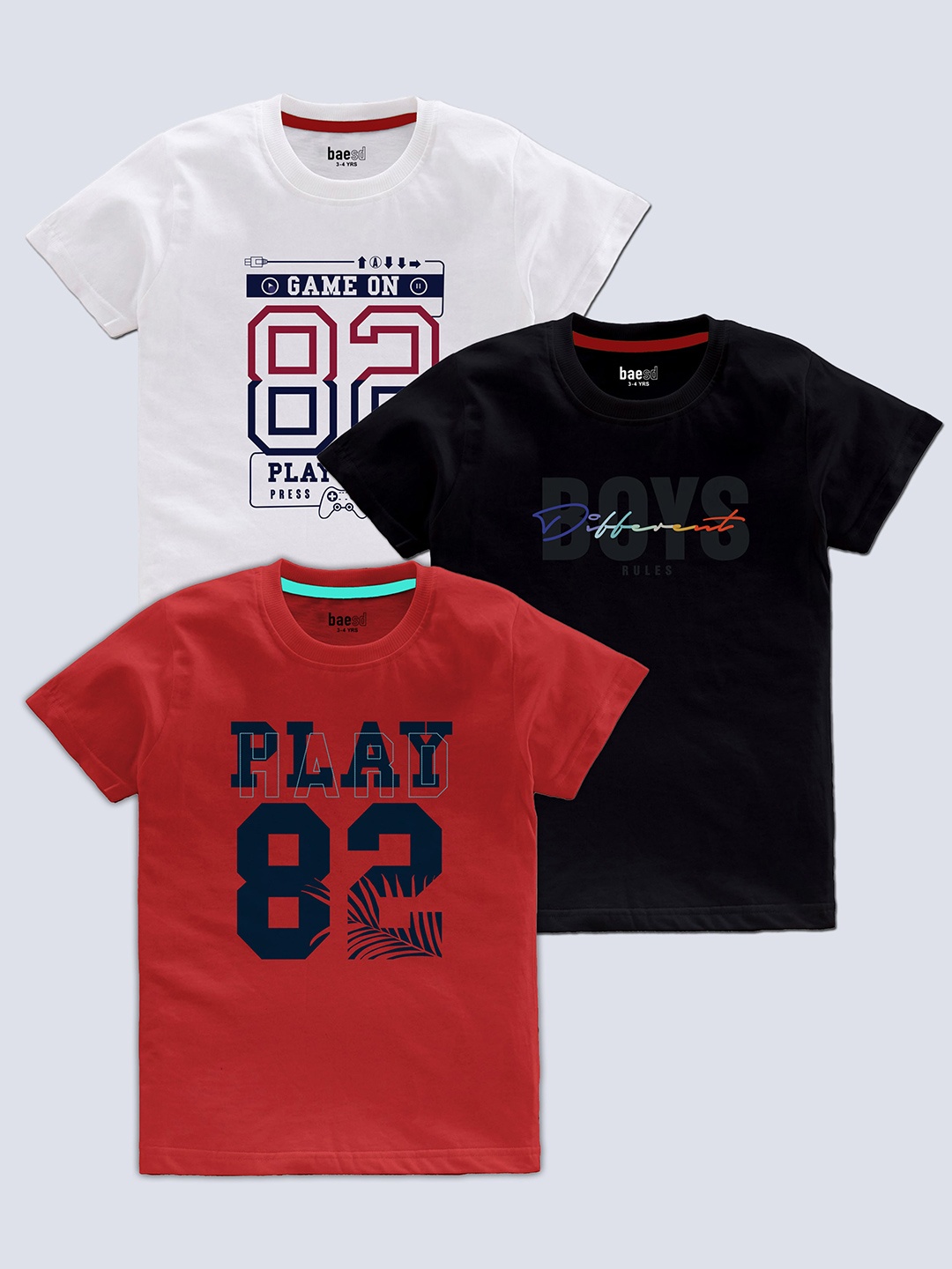 

BAESD Boys Pack Of 3 Typography Printed Round Neck T-shirt, White