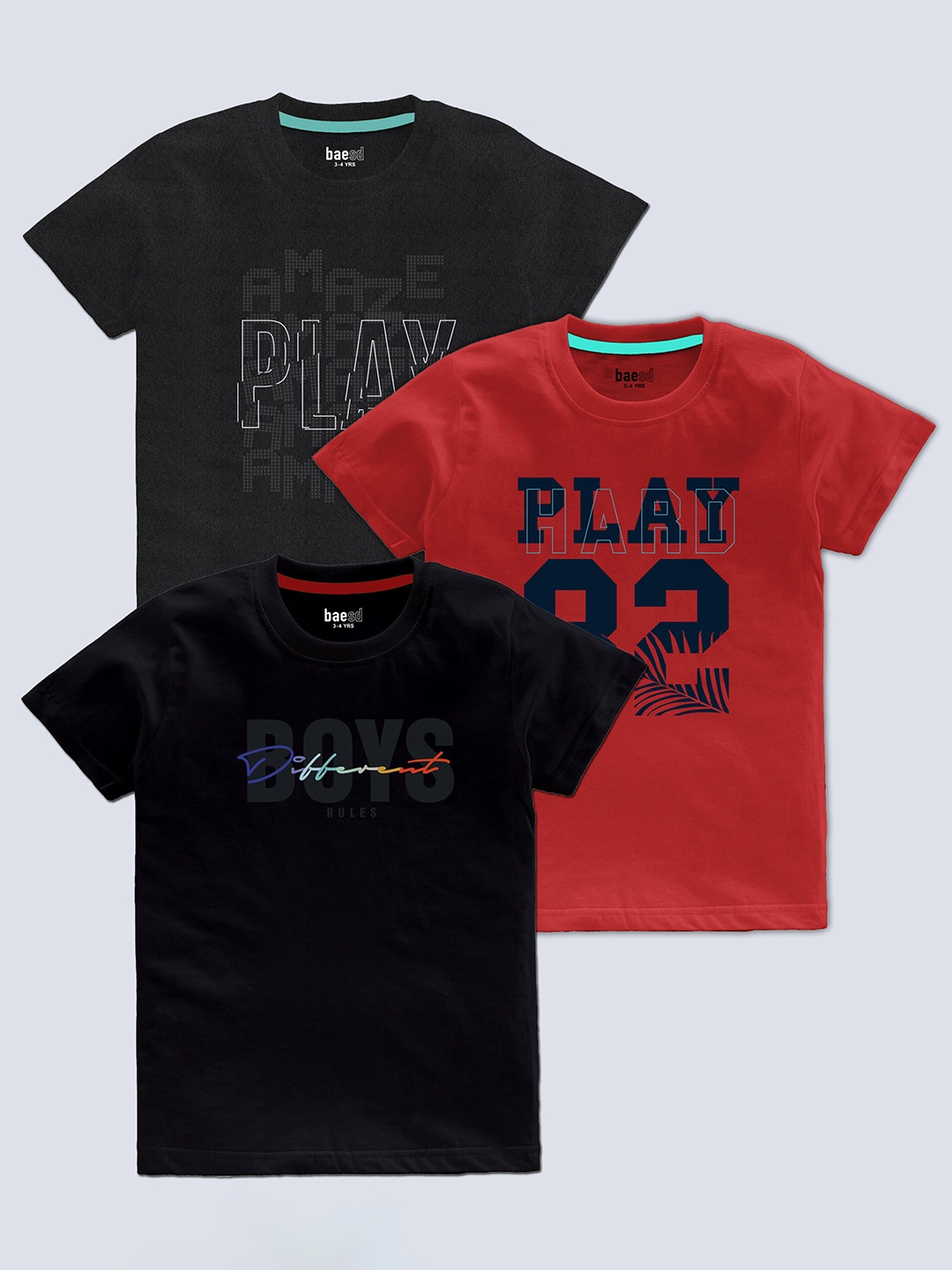 

BAESD Boys Pack Of 3 Typography Printed Round Neck T-shirt, Grey