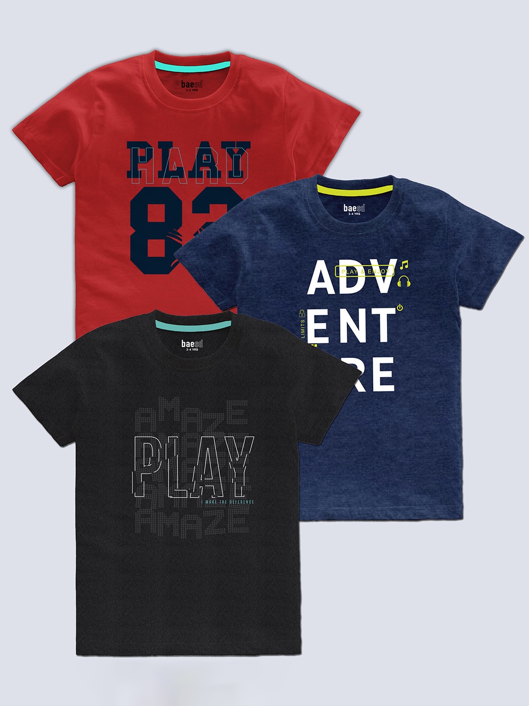 

BAESD Boys Pack Of 3 Typography Printed Round Neck T-shirt, Red