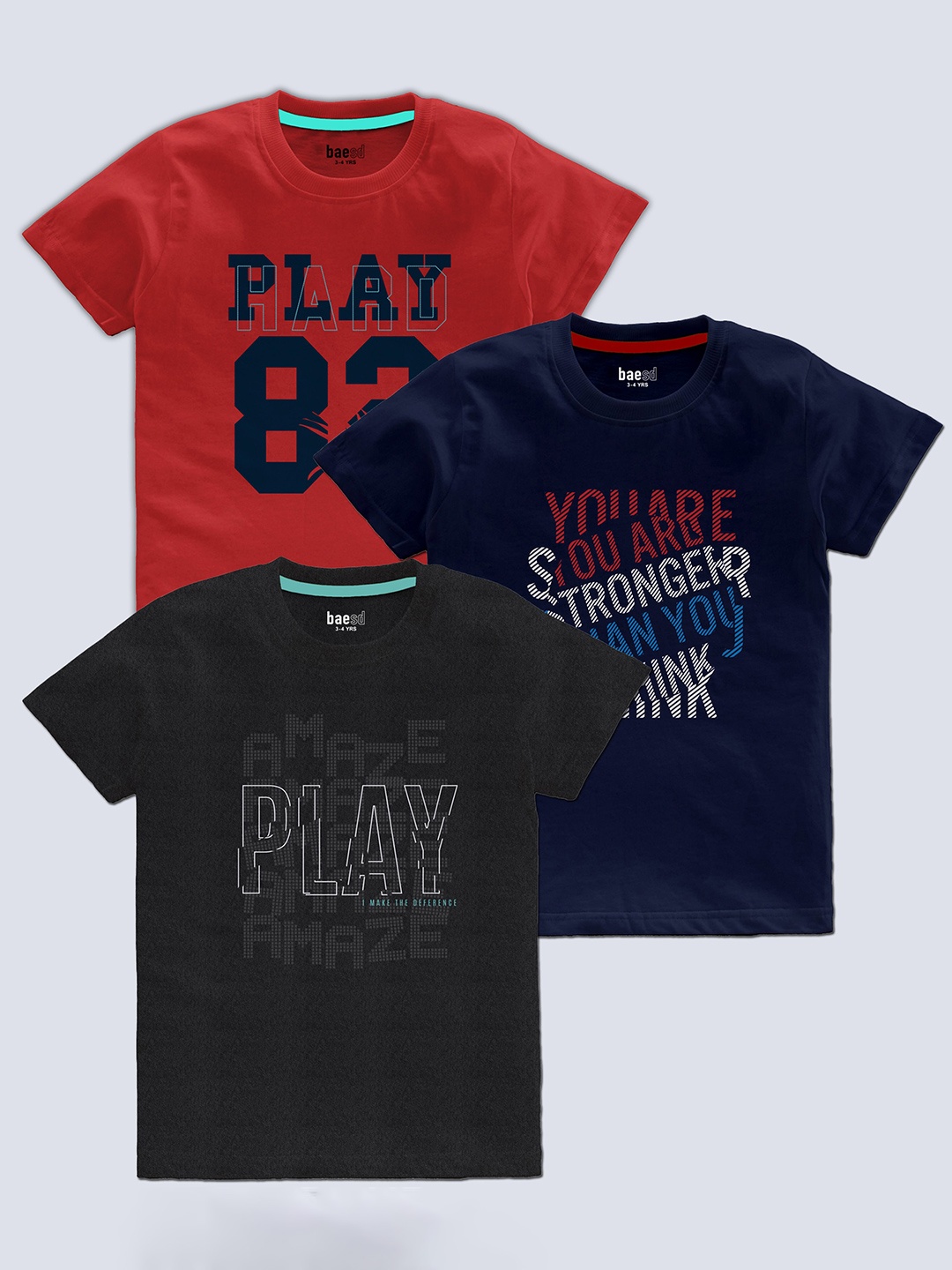 

BAESD Boys Pack Of 3 Typography Printed Round Neck T-shirt, Red