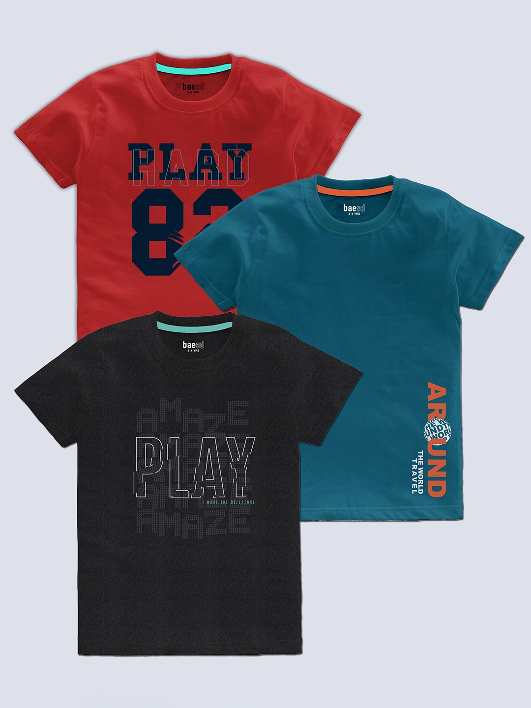 BAESD Boys Boys Pack Of 3 Typography Printed Round Neck T-shirt, Red