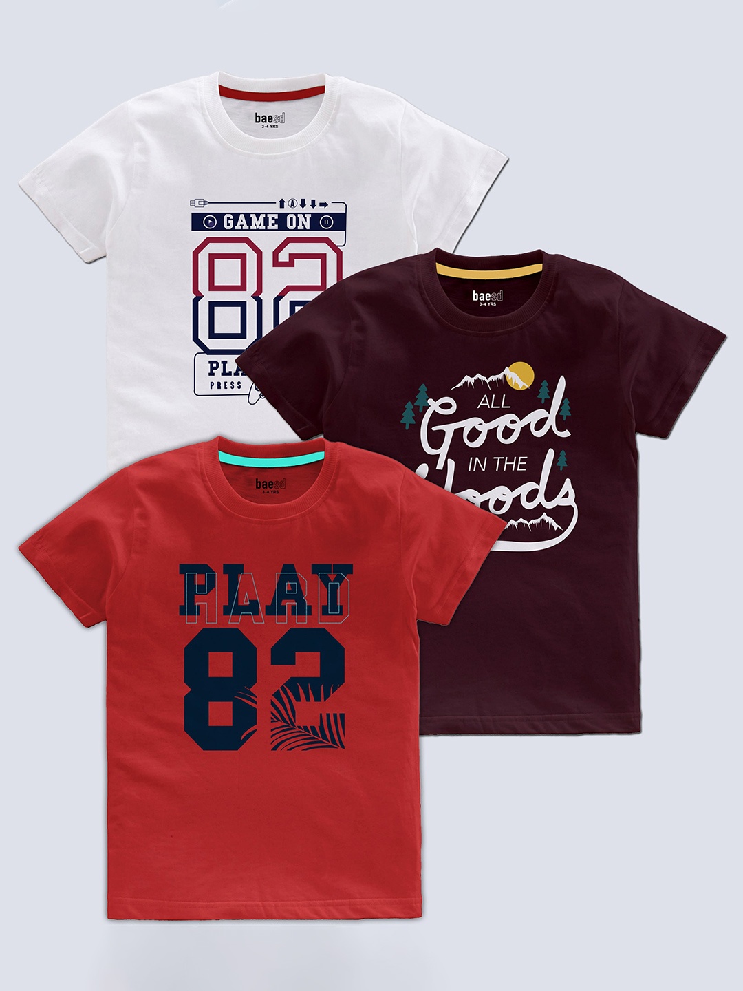 

BAESD Boys Pack Of 3 Typography Printed Round Neck T-shirt, White