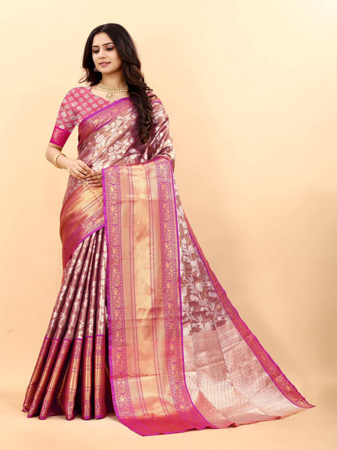 

MOKSHA DESIGNS Ethnic Motifs Woven Design Zari Pure Silk Kanjeevaram Saree, Pink