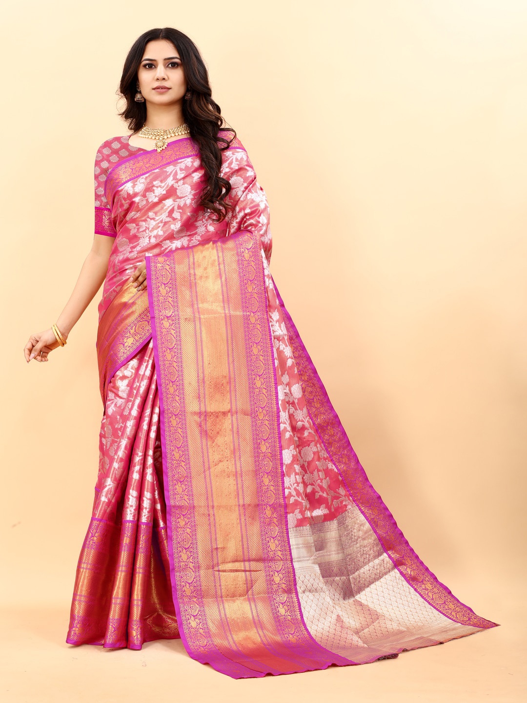 

MOKSHA DESIGNS Ethnic Motifs Woven Design Zari Pure Silk Kanjeevaram Saree, Pink