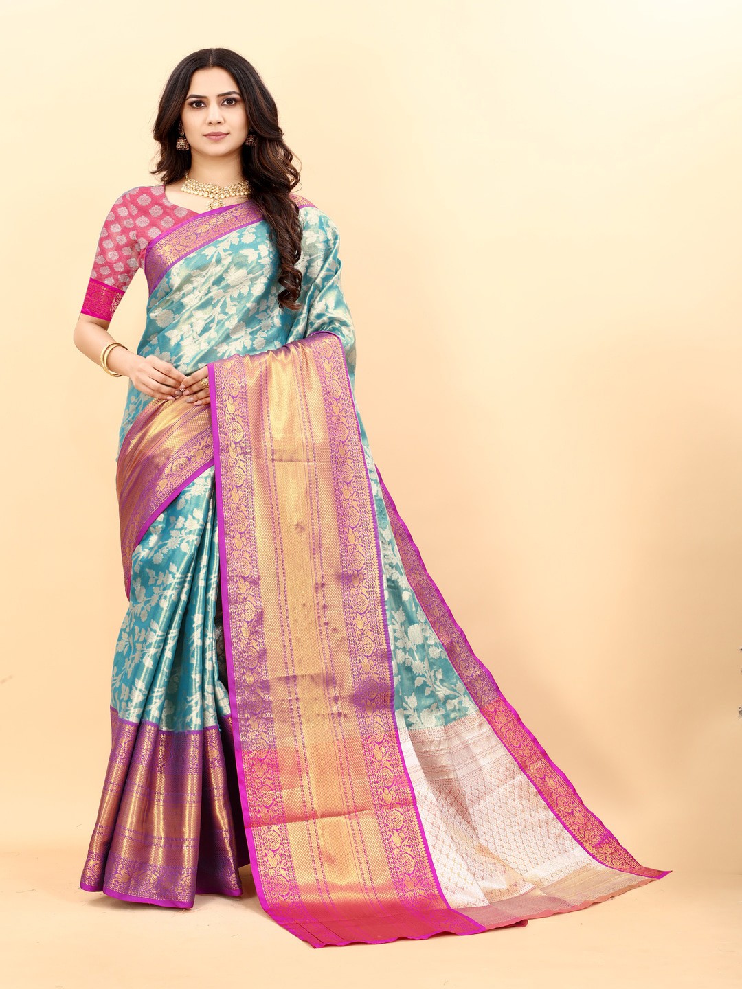 

MOKSHA DESIGNS Ethnic Motif Woven Design Zari Pure Silk Kanjeevaram Saree, Blue