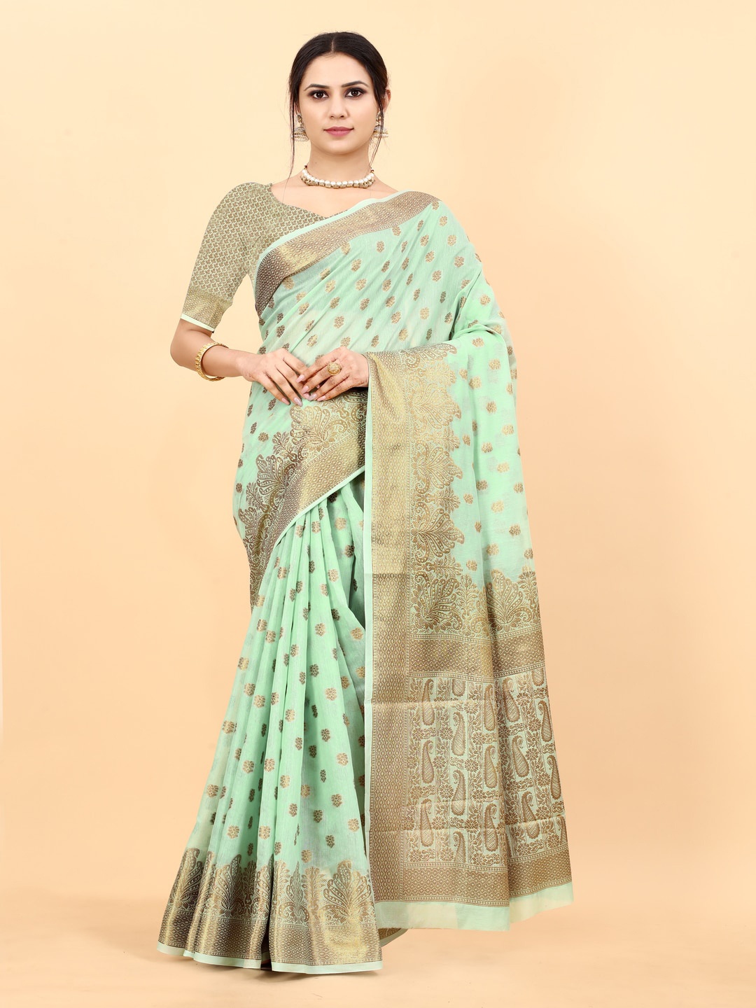 

MOKSHA DESIGNS Ethnic Motifs Woven Design Zari Pure Silk Chanderi Saree, Green