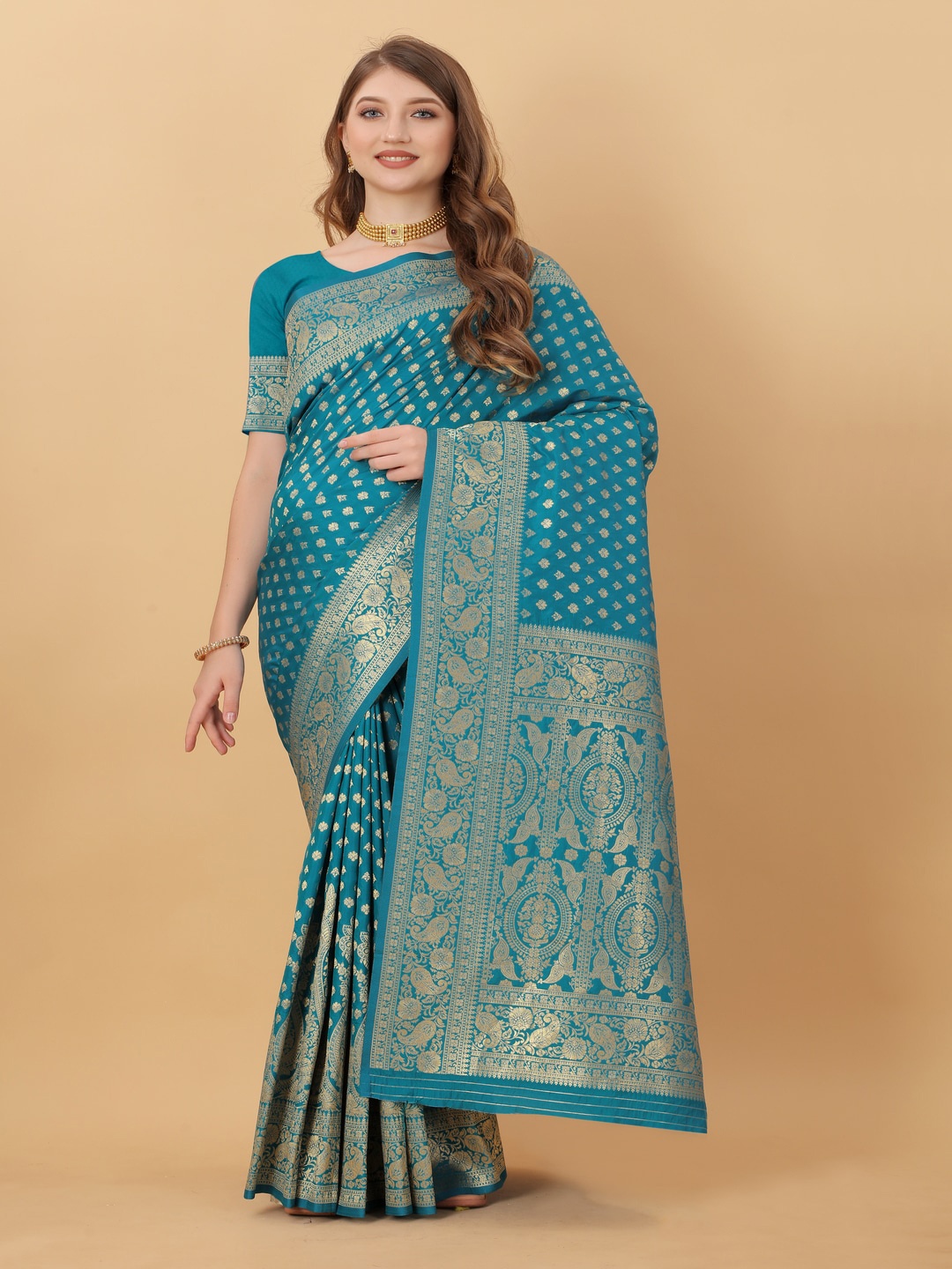 

MOKSHA DESIGNS Ethnic Motif Woven Design Zari Pure Silk Kanjeevaram Saree, Blue