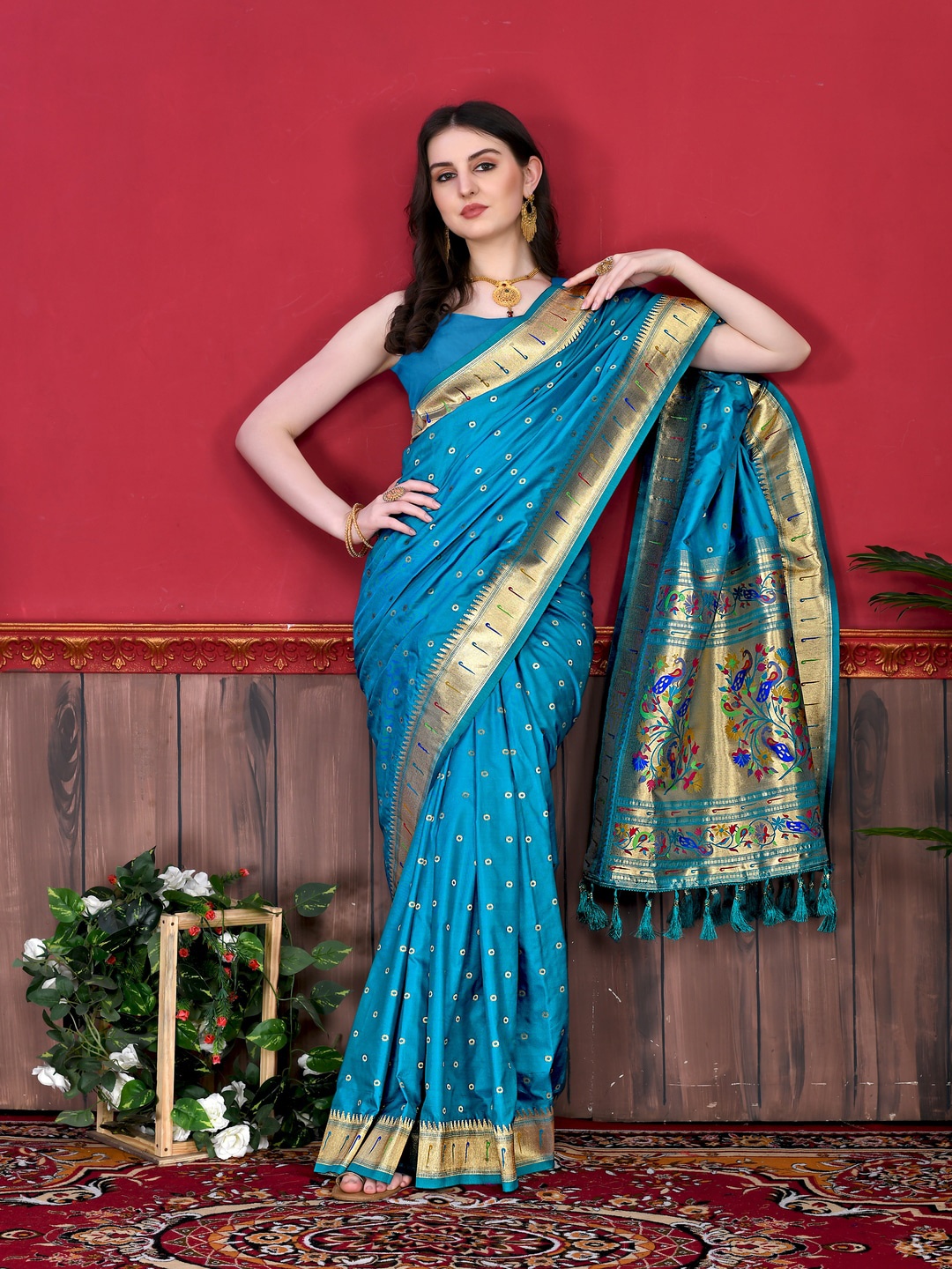 

MOKSHA DESIGNS Ethnic Motifs Woven Design Zari Pure Silk Paithani Saree, Blue