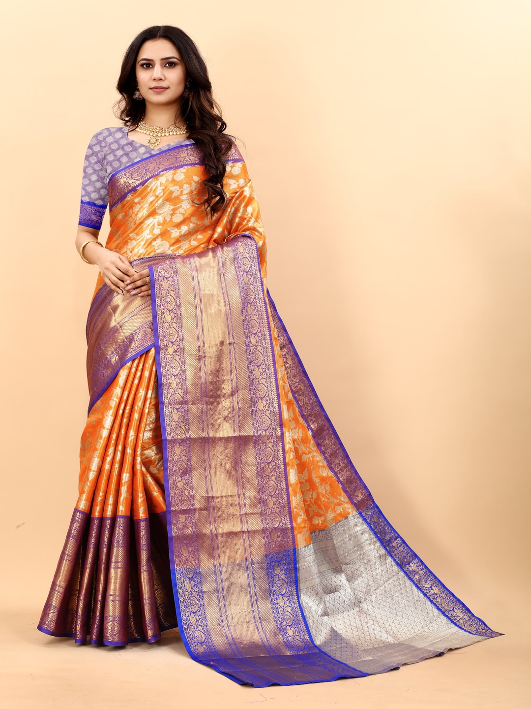 

MOKSHA DESIGNS Ethnic Motifs Woven Design Zari Pure Silk Kanjeevaram Saree, Orange