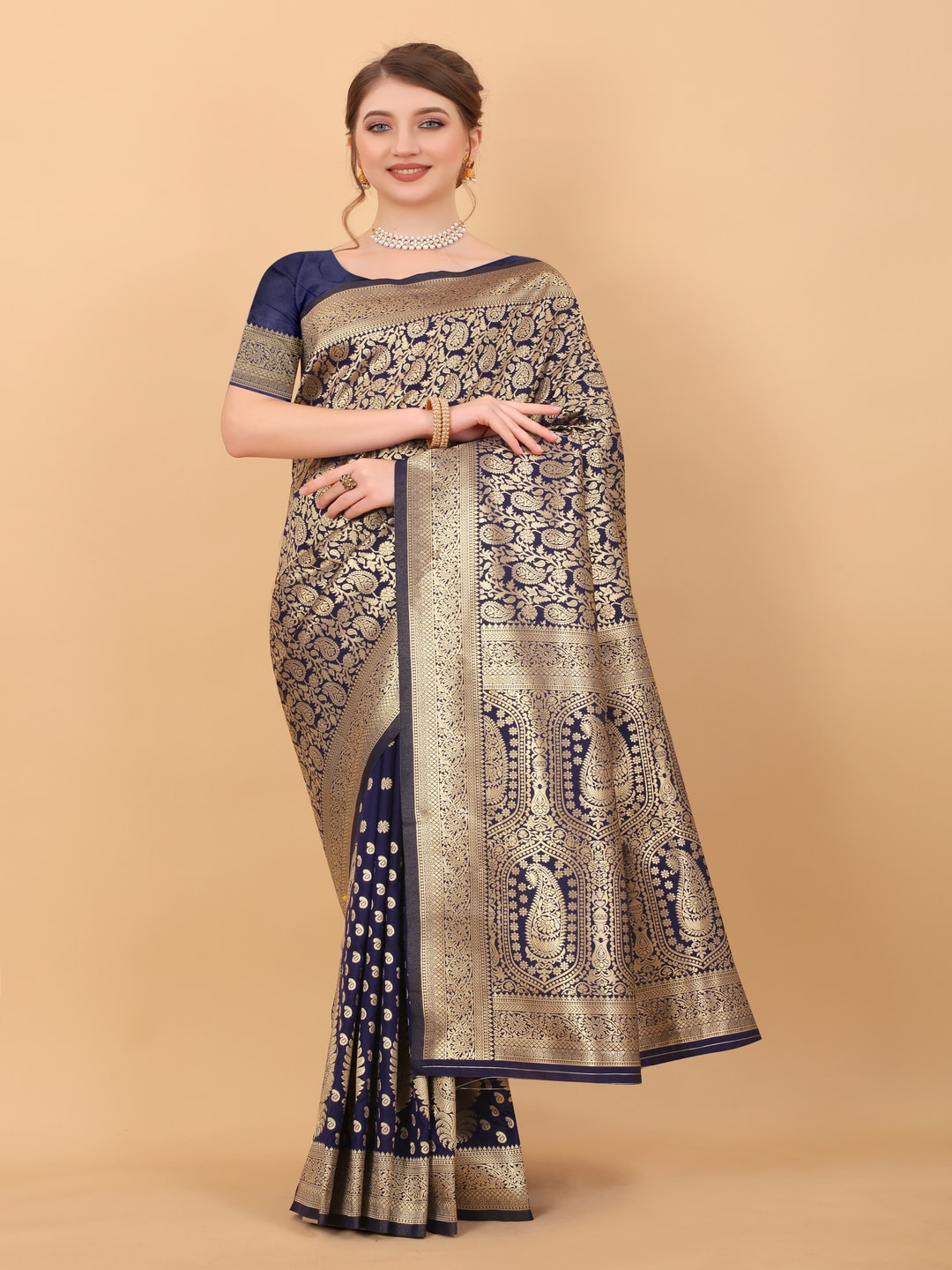 

MOKSHA DESIGNS Floral Woven Design Zari Pure Silk Kanjeevaram Saree, Navy blue