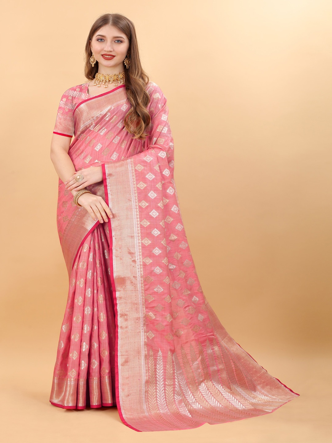 

MOKSHA DESIGNS Floral Woven Design Pure Silk Banarasi Saree, Pink