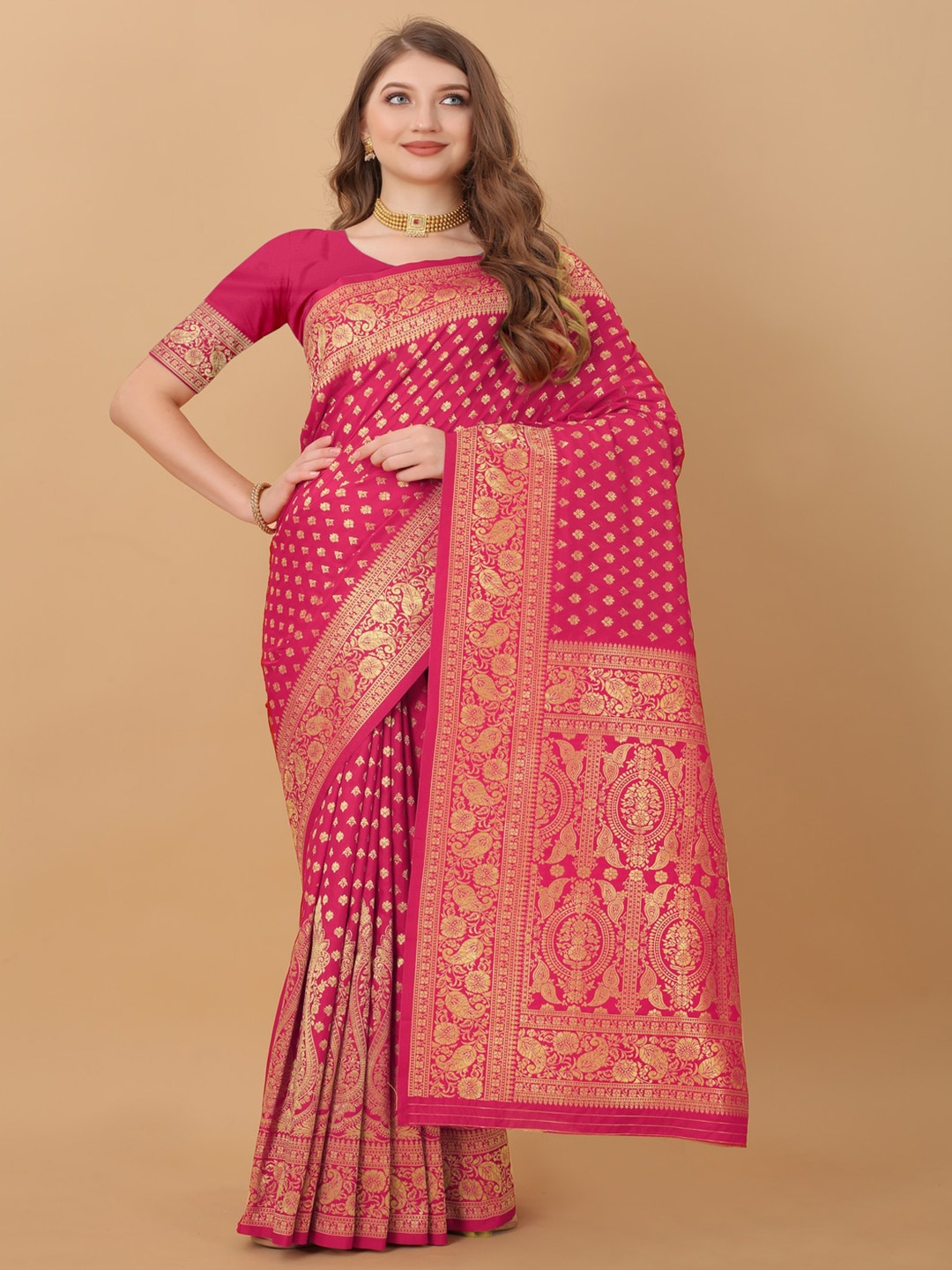 

MOKSHA DESIGNS Floral Woven Design Zari Pure Silk Kanjeevaram Saree, Pink