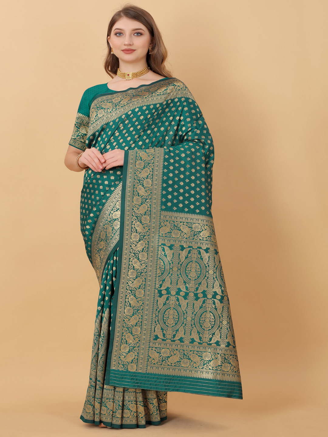 

MOKSHA DESIGNS Floral Woven Design Zari Pure Silk Kanjeevaram Saree, Green
