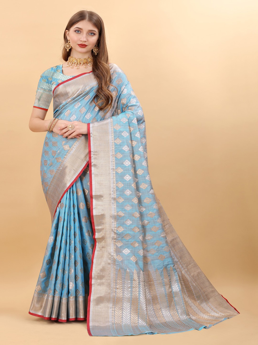 

MOKSHA DESIGNS Ethnic Motifs Woven Design Zari Pure Silk Banarasi Saree, Blue