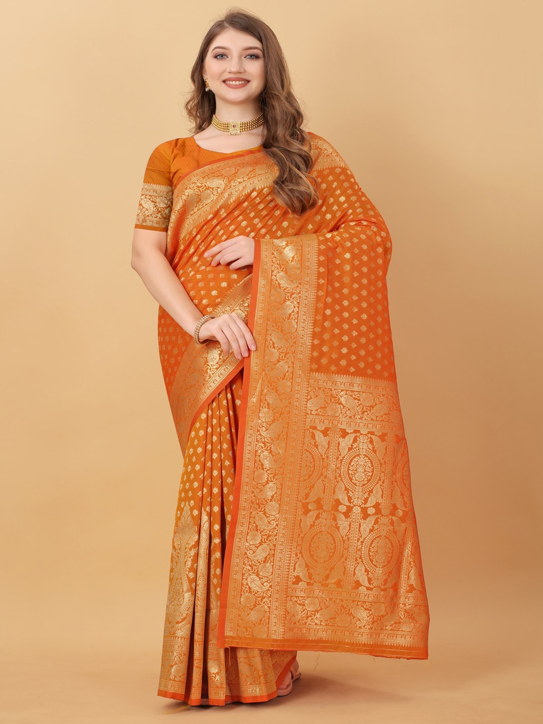 

MOKSHA DESIGNS Ethnic Motifs Woven Design Zari Pure Silk Kanjeevaram Saree, Orange