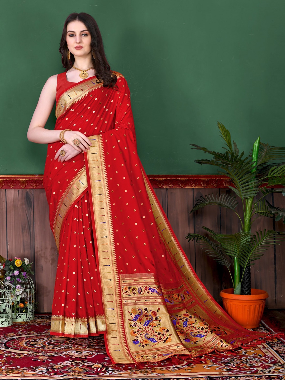 

MOKSHA DESIGNS Ethnic Motifs Woven Design Zari Pure Silk Paithani Saree, Red