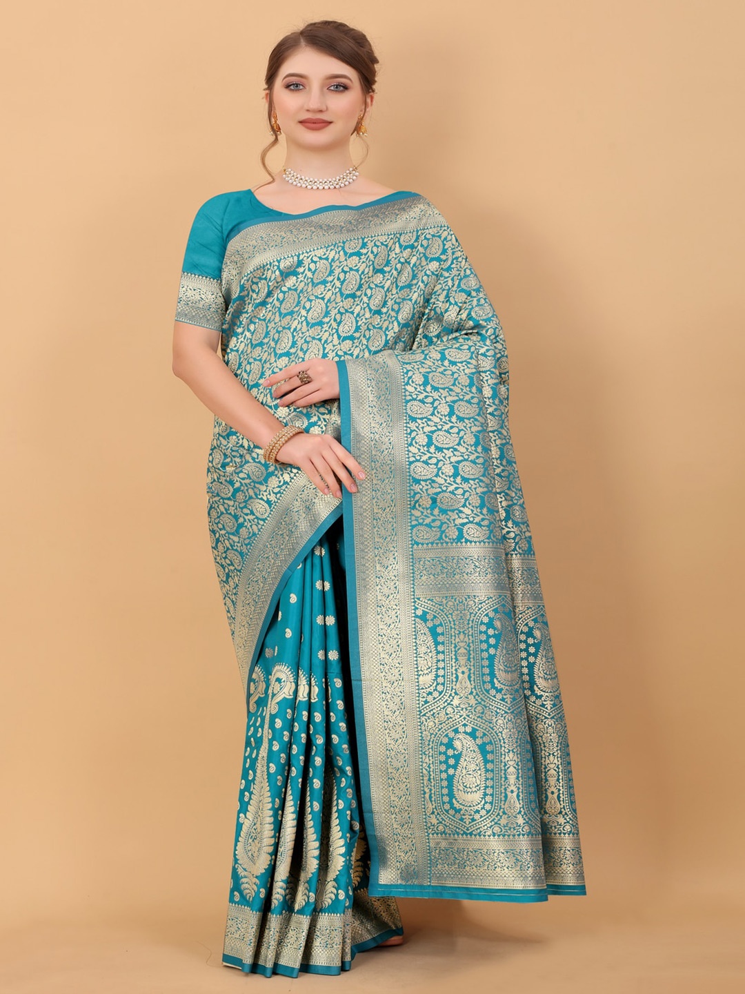 

MOKSHA DESIGNS Ethnic Motifs Woven Design Zari Pure Silk Kanjeevaram Saree, Blue