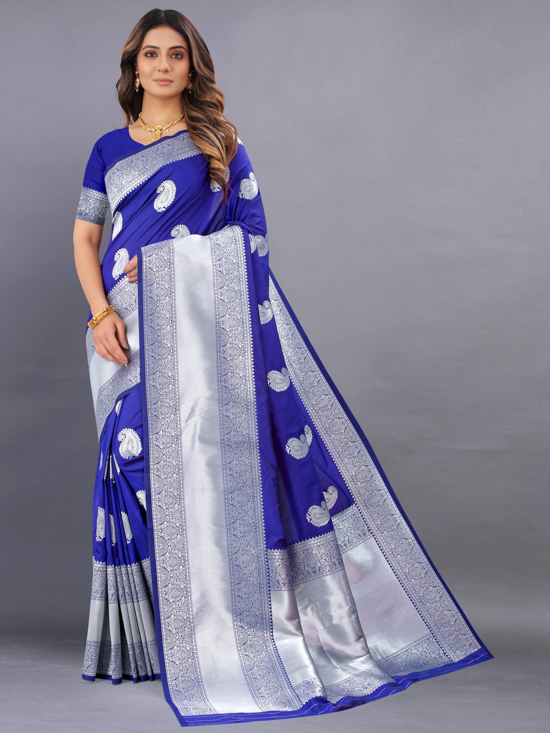 

MOKSHA DESIGNS Paisley Woven Design Zari Pure Silk Kanjeevaram Saree, Blue