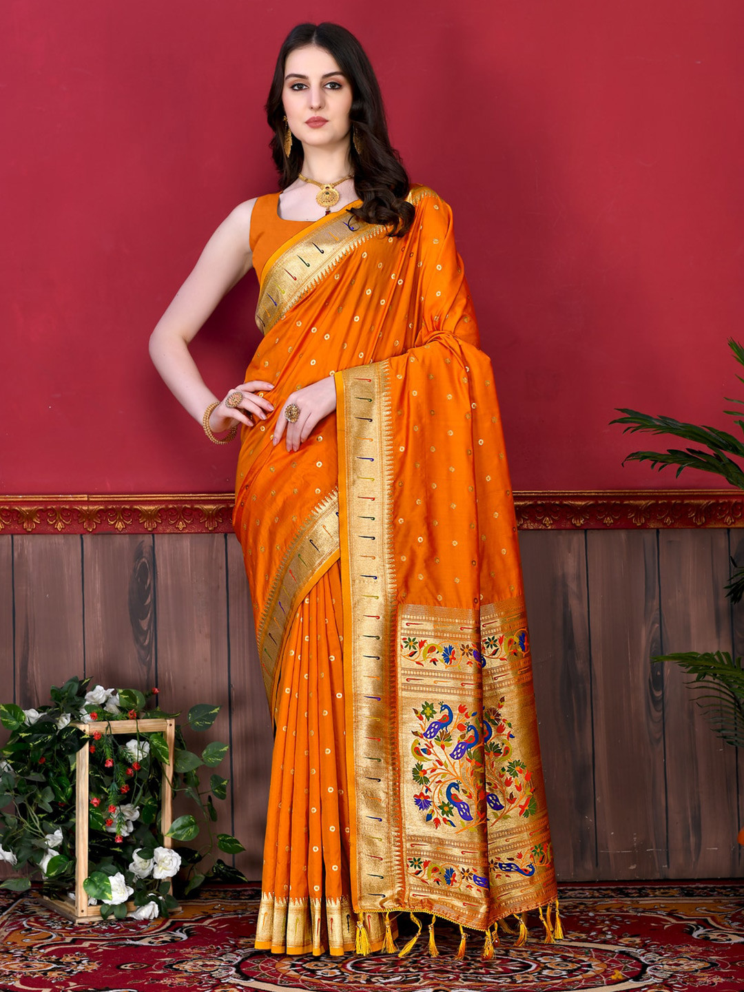 

MOKSHA DESIGNS Ethnic Motifs Woven Design Zari Pure Silk Paithani Saree, Orange