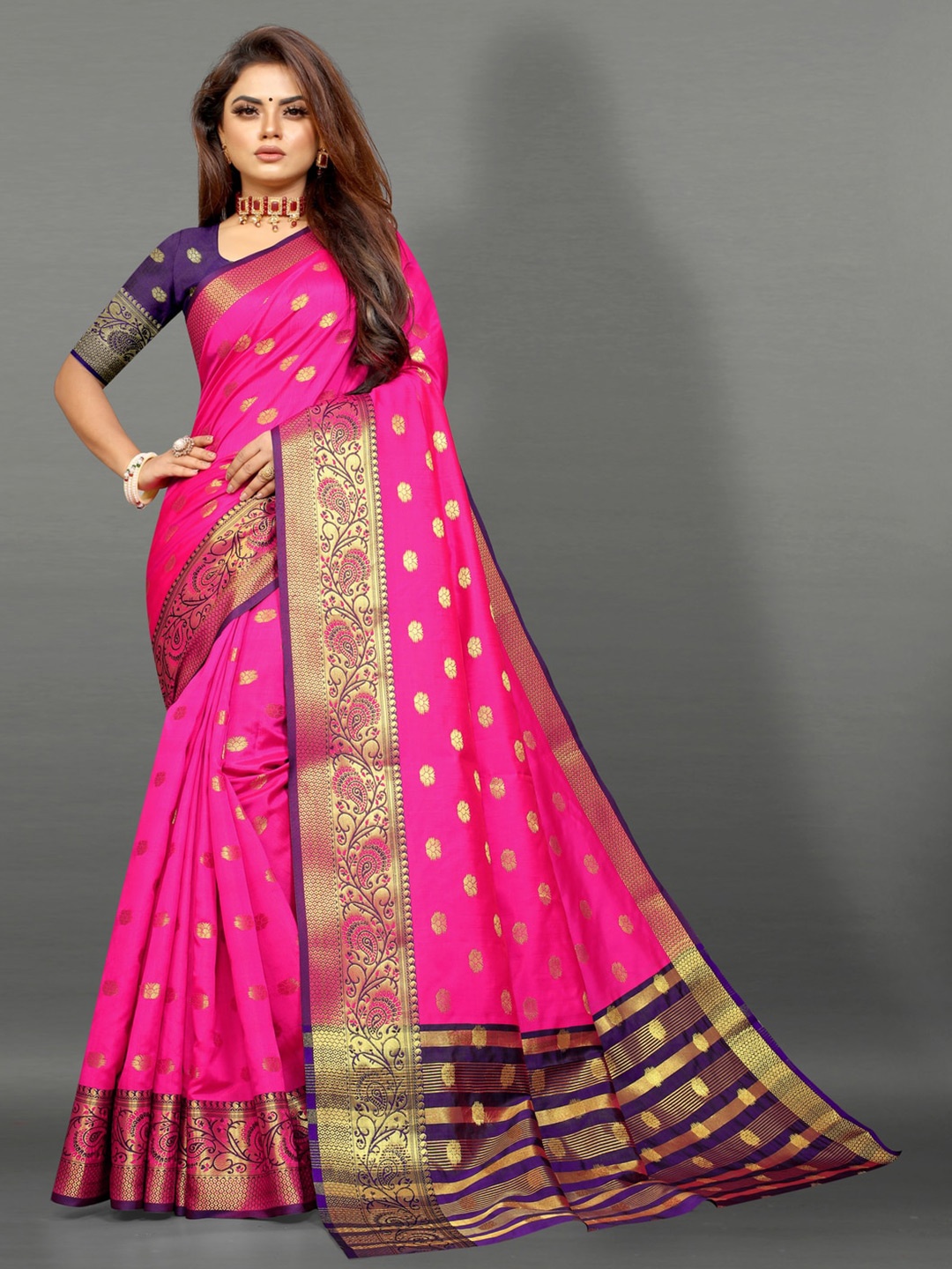 

MOKSHA DESIGNS Ethnic Motifs Woven Design Zari Pure Silk Kanjeevaram Saree, Pink