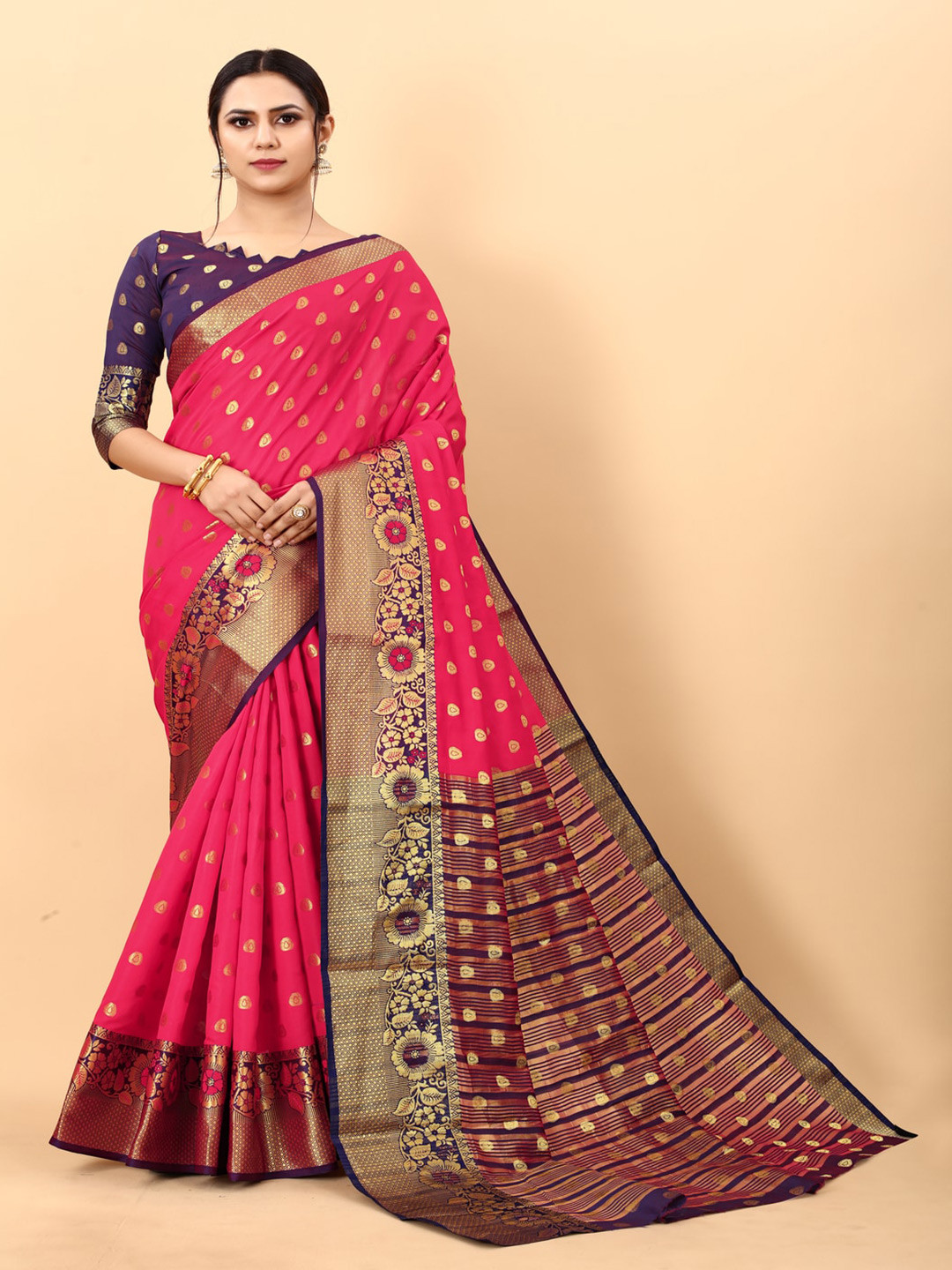 

MOKSHA DESIGNS Ethnic Motifs Woven Design Zari Pure Silk Kanjeevaram Saree, Pink