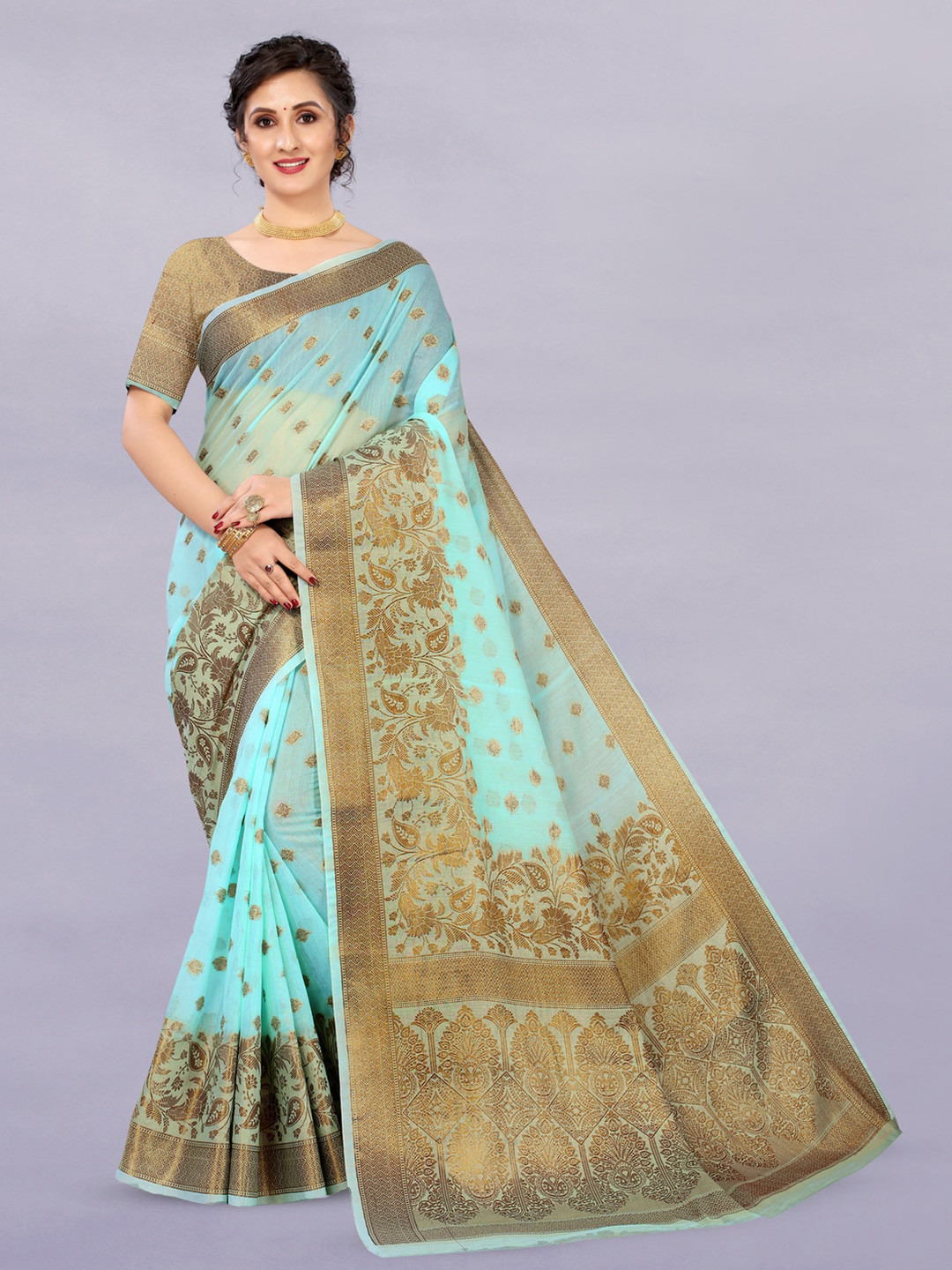 

MOKSHA DESIGNS Ethnic Motifs Woven Design Zari Pure Silk Kanjeevaram Saree, Blue