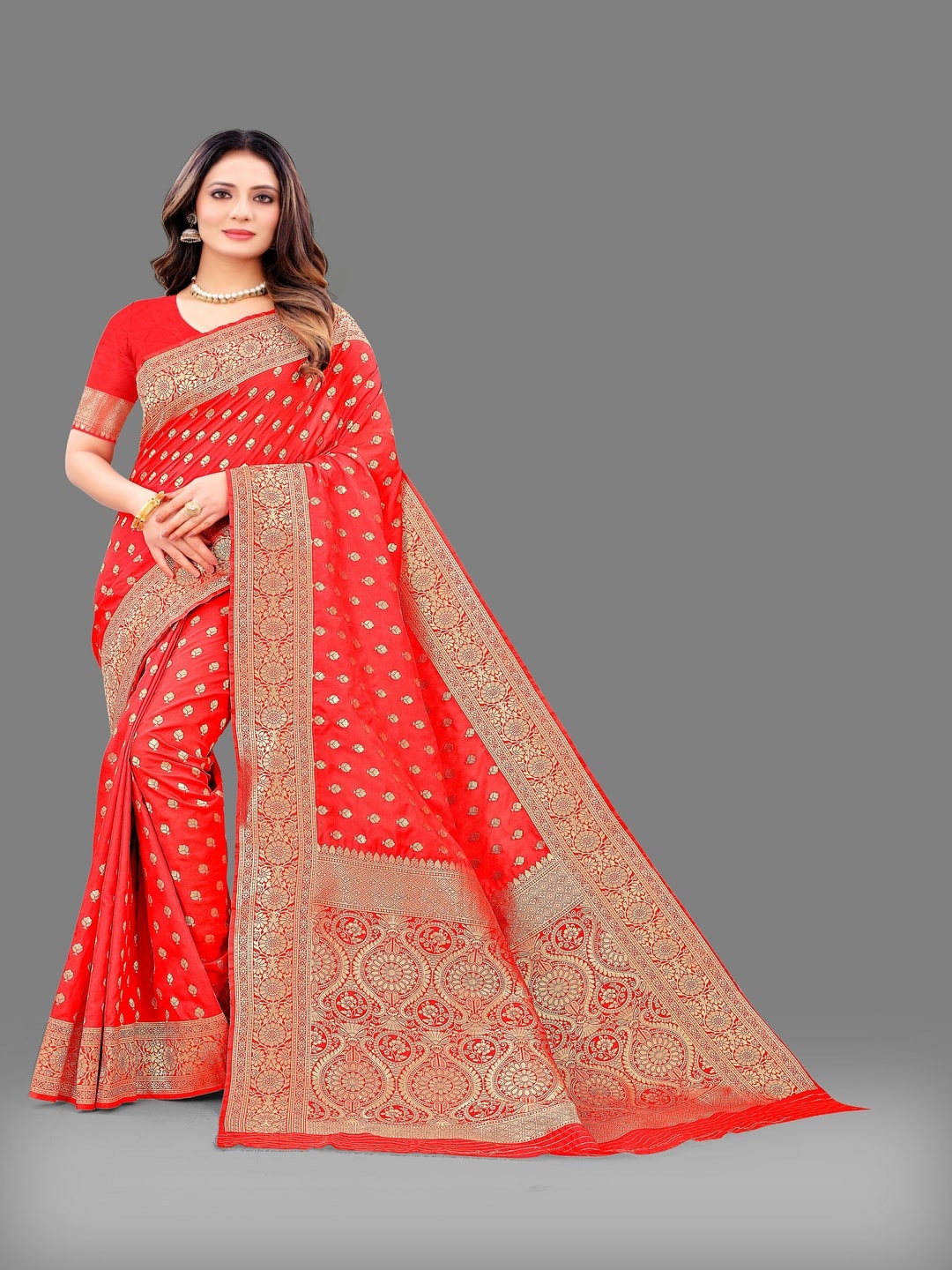 

MOKSHA DESIGNS Ethnic Motifs Woven Design Zari Pure Silk Kanjeevaram Saree, Red