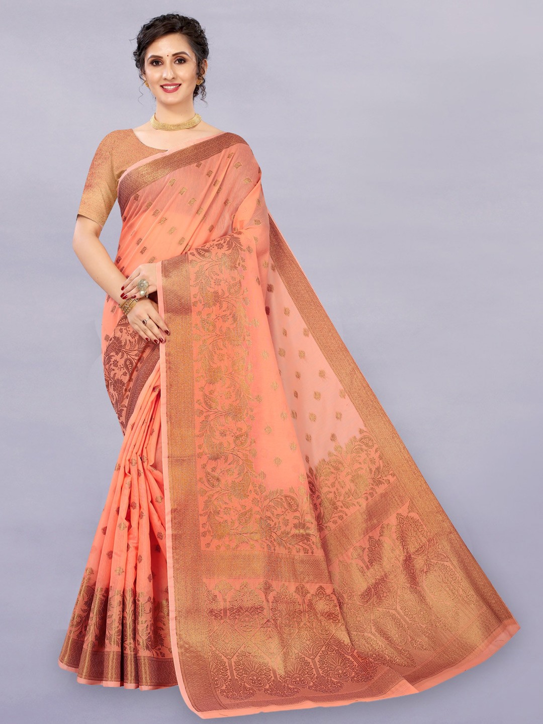 

MOKSHA DESIGNS Ethnic Motifs Woven Design Zari Pure Silk Kanjeevaram Saree, Peach