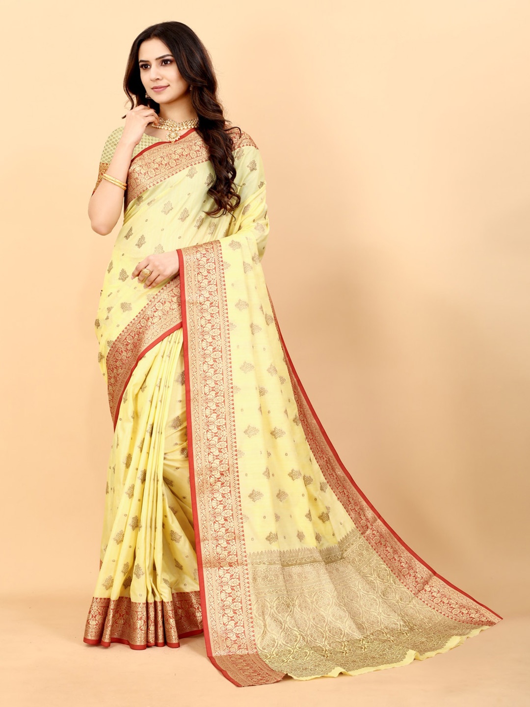 

MOKSHA DESIGNS Ethnic Motifs Woven Design Zari Pure Silk Banarasi Saree, Yellow