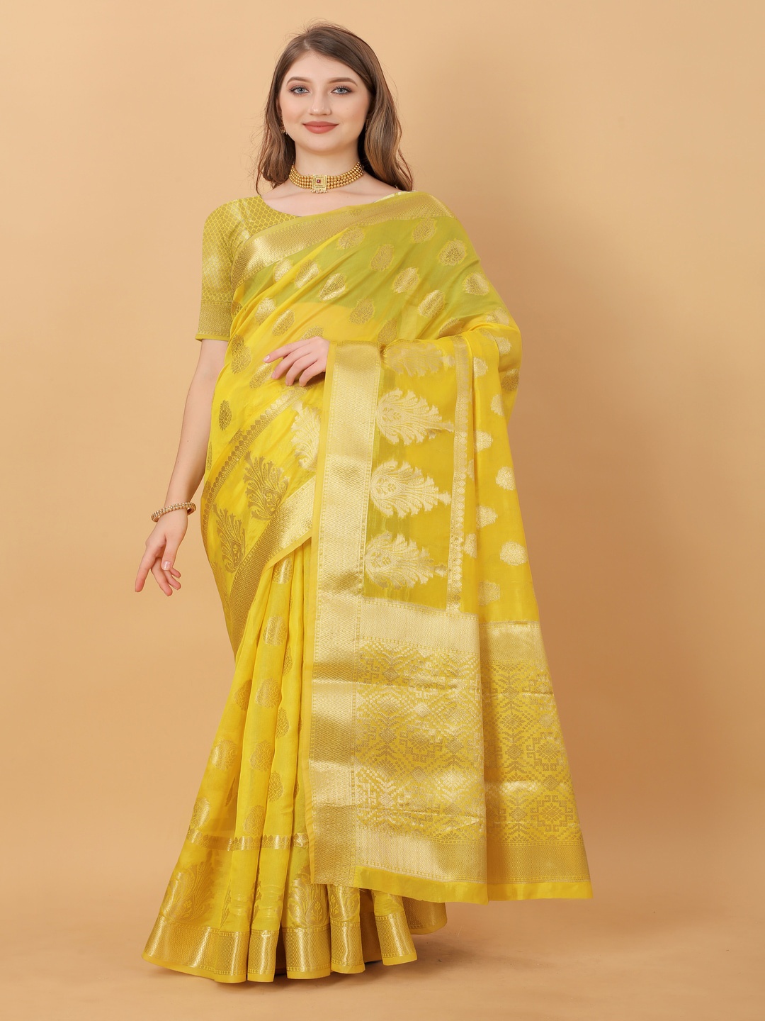 

MOKSHA DESIGNS Ethnic Motifs Woven Design Zari Pure Silk Banarasi Saree, Yellow