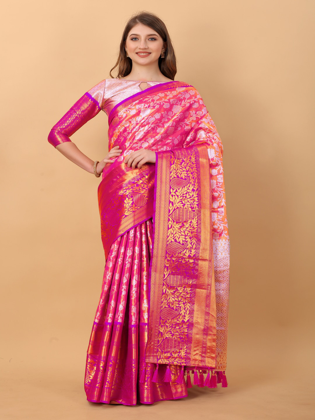 

MOKSHA DESIGNS Floral Woven Design Zari Pure Silk Kanjeevaram Saree, Pink