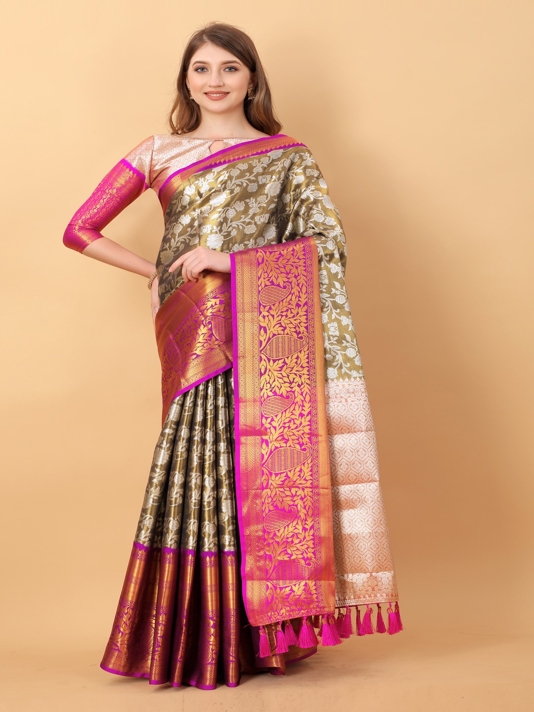 

MOKSHA DESIGNS Floral Woven Design Zari Pure Silk Kanjeevaram Saree, Olive